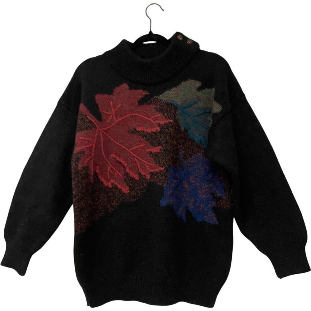 Vtg Charles Jourdan Mens Pullover Sweater XL Black Autumn Leaf Wool Knit